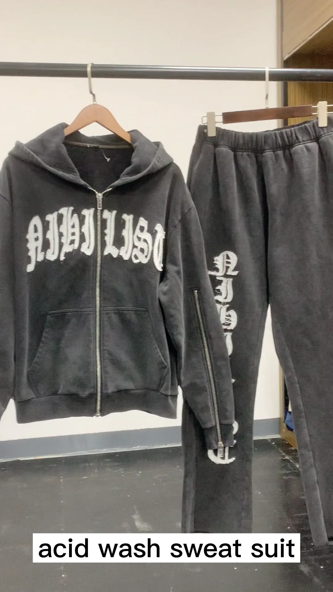 Custom Acid Wash Sweat Suit Cotton French Terry Zip Up Tracksuit Applique Zipper Men Sweatpants