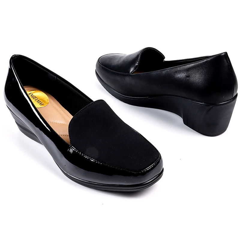 2023 Comfortable Women Round Toe Wedge Heel Pumps Arch Support Solid Black Platform Wedge Hotel