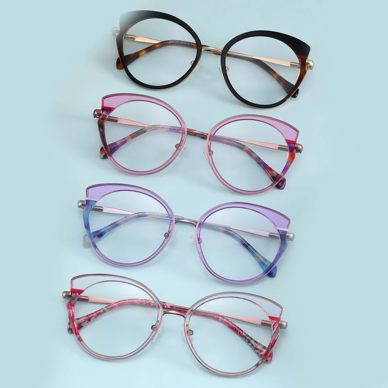 WAM-EM2087 New Factory Woman Lady Metal Mix Acetate Cat Eye Eyeglasses Frames for All Face Spectacles Eyewear with Spring Temple