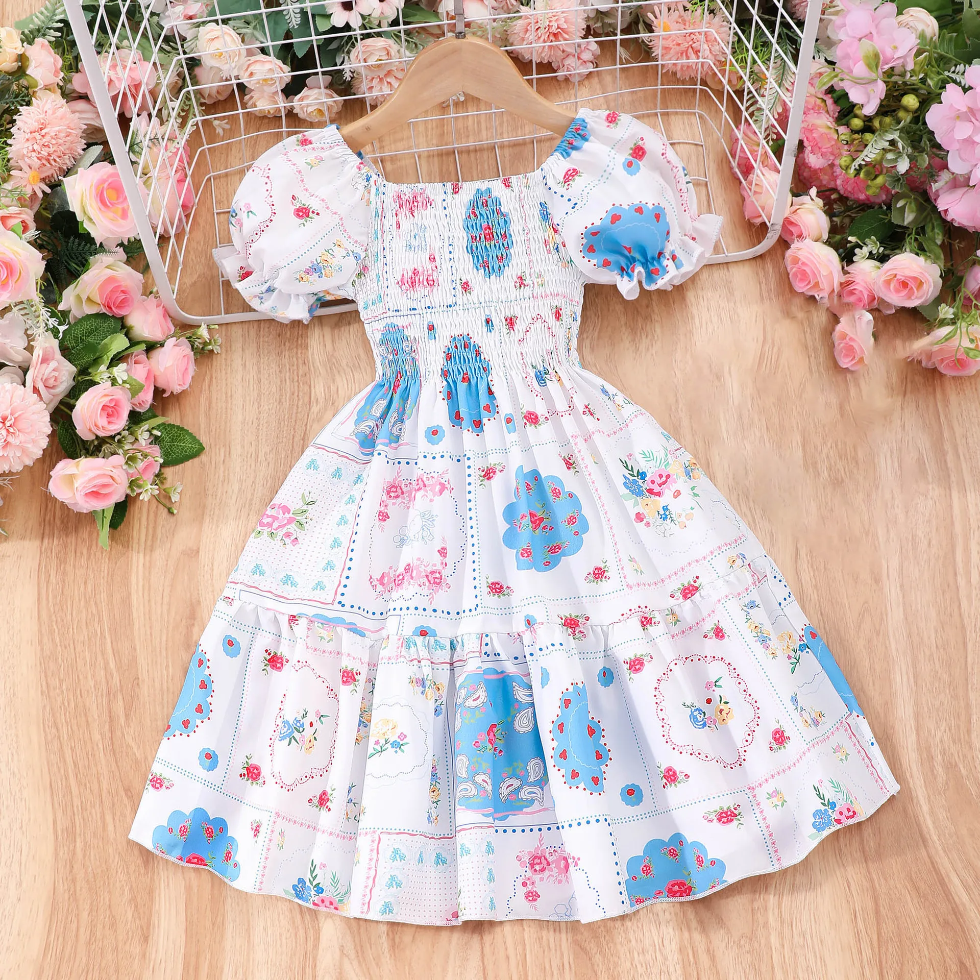 Summer Dress Kids Girl Clothes Puff Sleeve 3-8 Years Korean Style Sweet  Cute Casual Princess Party Strap Baby Girls Dresses