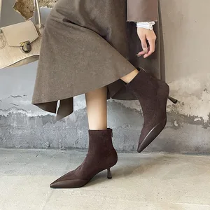 789-2 Elegant Women's High Heel Boots Advanced Texture Thin Heel Pointed Toe All-Season Zip Closure Solid Short Tube Design