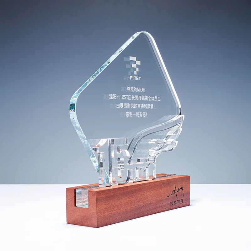 High quality wholesale customized creative design acrylic trophies awards plaques details