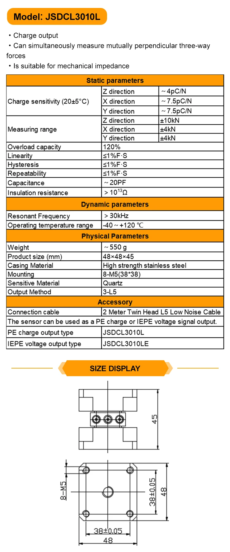 JSDCL3010L Piezoelectric Triaxial Force Sensor Industrial Pressure Vibration Pickup for Tridirectional Measurement factory