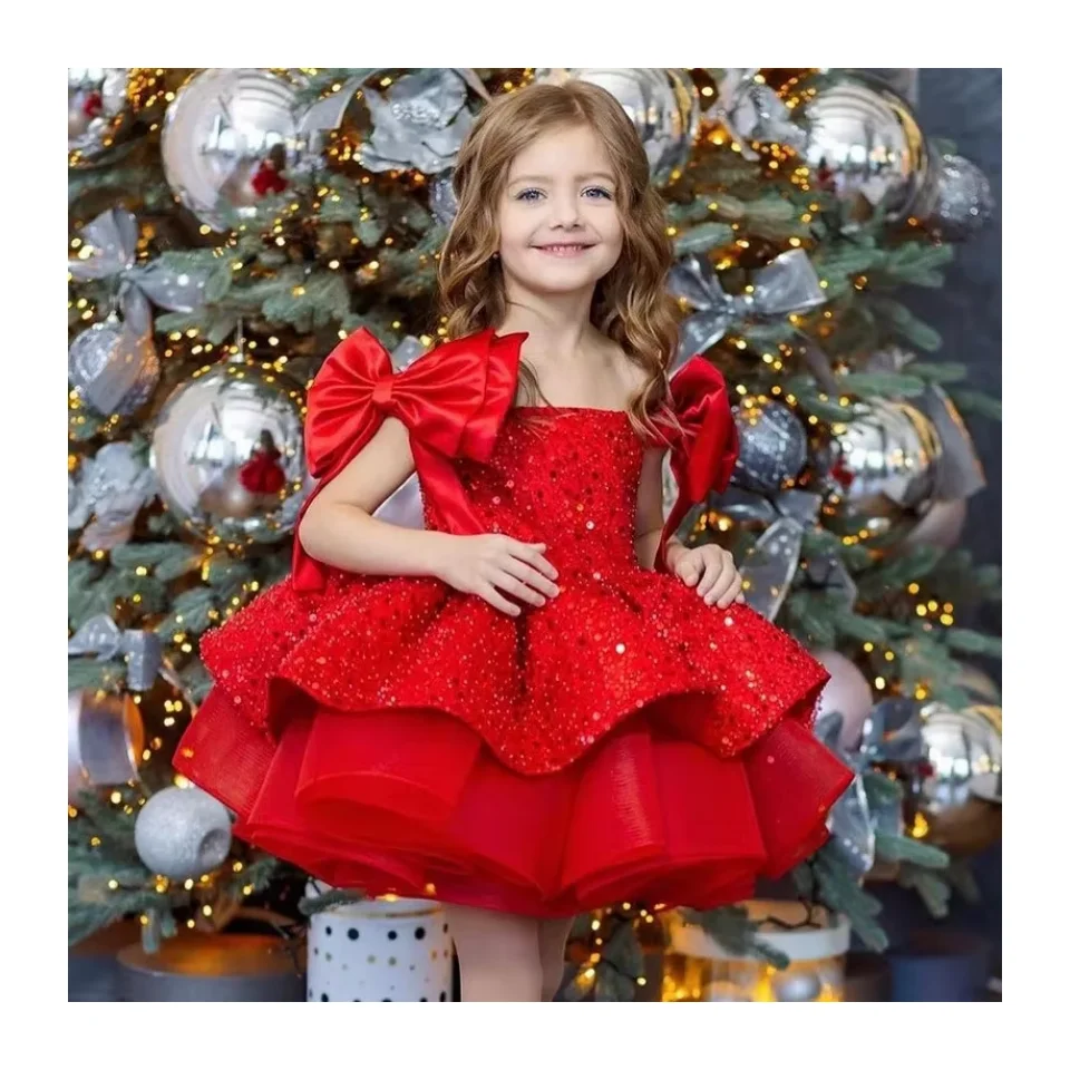 One Shoulder Bow Sequin A-line Christmas Party Dress For Girls Oem
