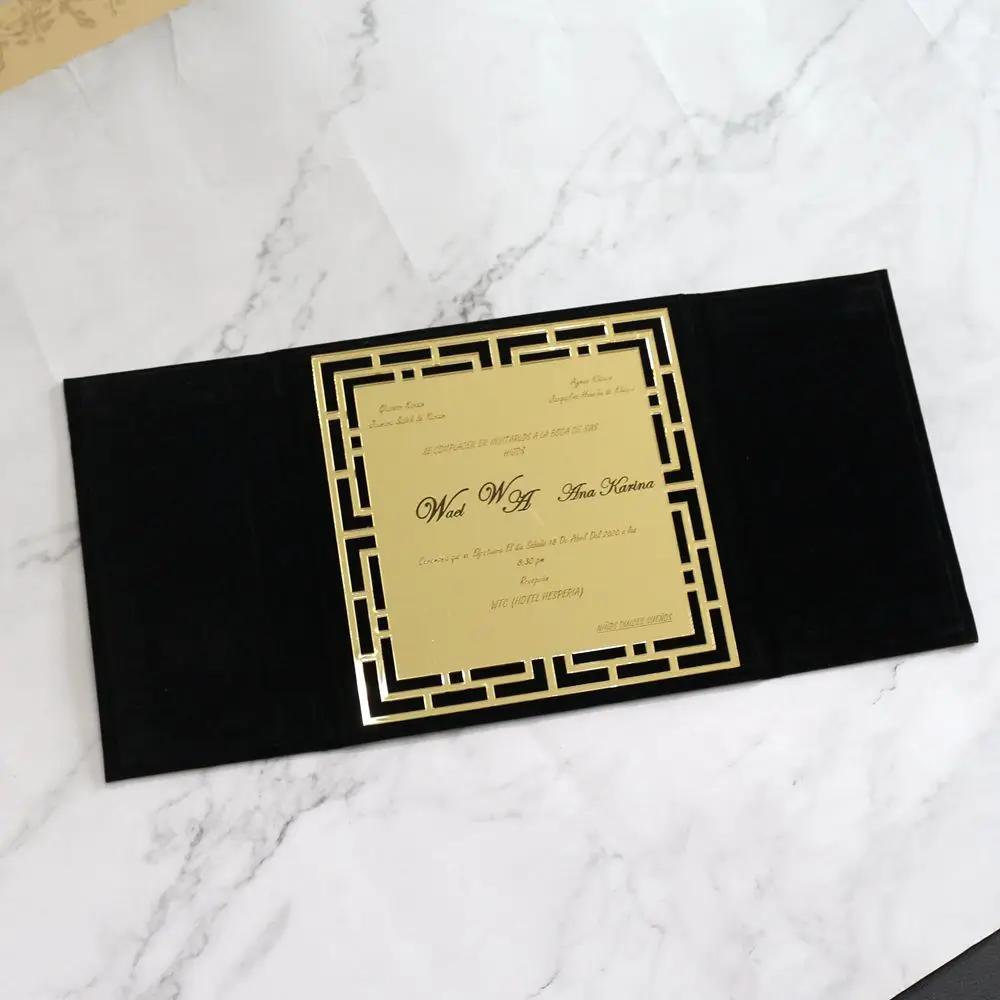 Black Velvet Hardcover Invitations Gold Acrylic Wedding Invitation Cards Custom Birthday Invitations Suede Menu Cards