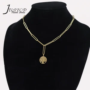 Wholesale Women Stainless Steel 18K Link Chain Round Pendant Tree Necklaces Jewelry