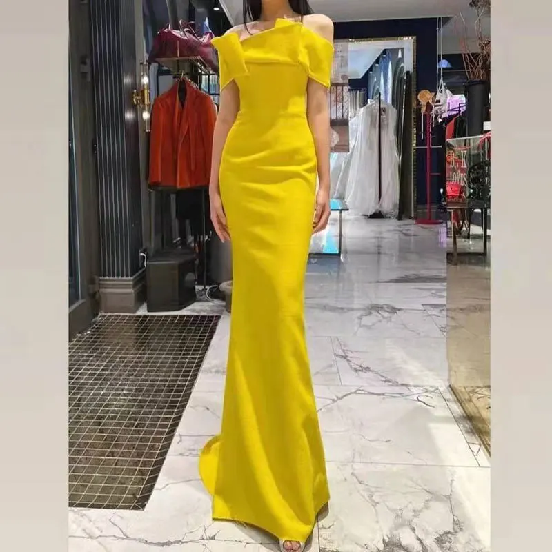 S1269F 2022 New Women Off Shoulder Satin Long Plus Size Evening Dresses  Simple Elegant Fishtail Skirt