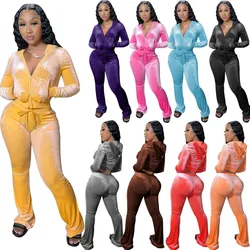 XS Cropped Jacket 2021 Women Suit Two Piece Sets Flare Pants Low Cut Long Sleeve Velour Tracksuit Leggings 2 Piece Set For Girls