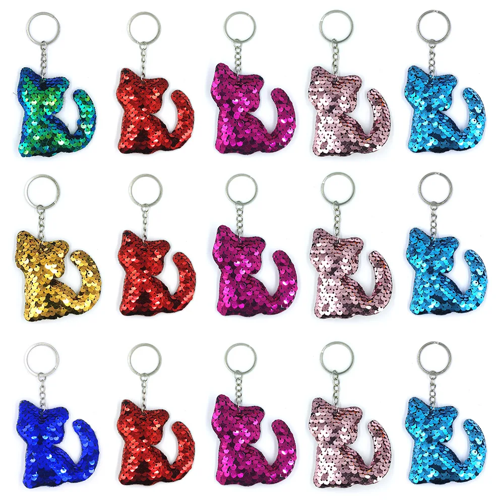 Flip Cute Sequins Keychain Little Cat Shape Key Ring Hanging Decoration Car Bag Accessory Pendant Birthday Party Supplies
