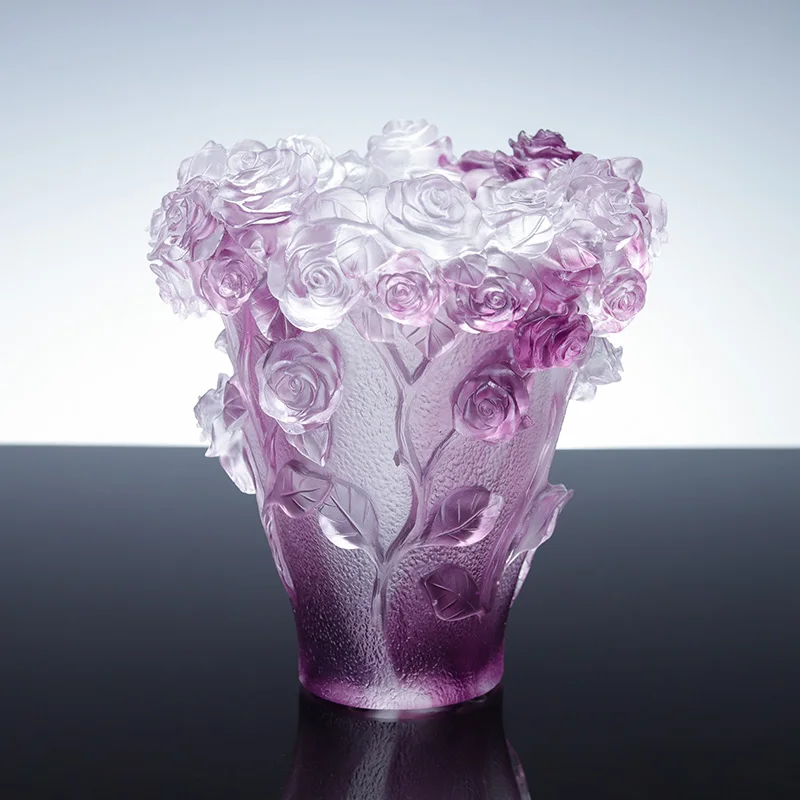 Small Bridge, designuri creative handmade, vas de lux din sticlă de cristal, cu flori reliefate de trandafir și camelia, veselă din liuli