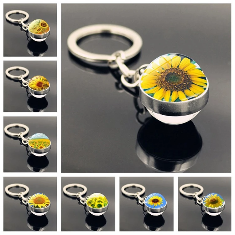 Cute Trendy Women Key Ring Gifts Art Picture Double Side Glass Ball Sunflower Keychain accessories