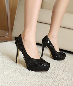 European American Style Bridal Slip-On Thin Heels Shoes Anti-Slippery Breathable Wedding Shoes Show Stage Sequined High Heels