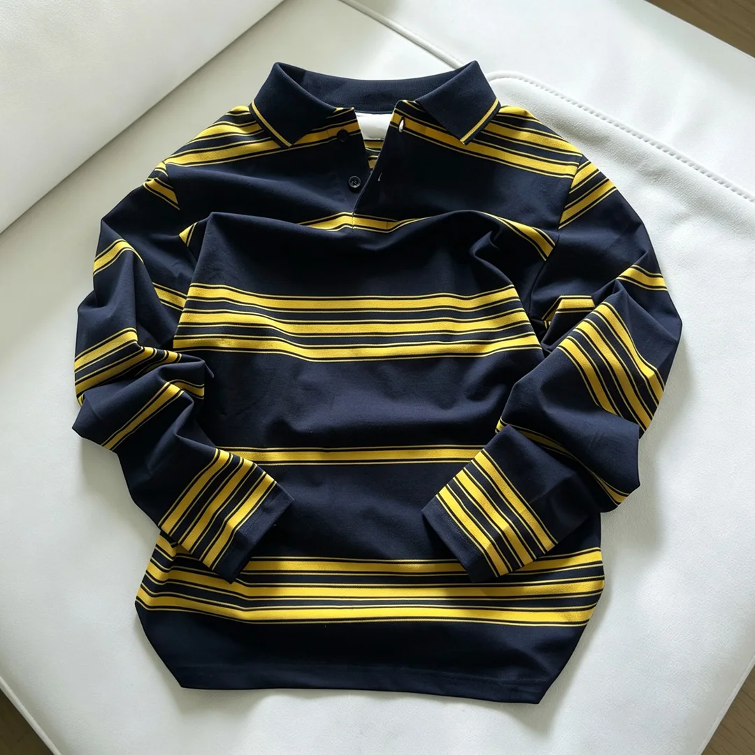 Hoë Gehalte Aangepaste Vintage Mans 100% Katoen Polo Hemp, Gestreepte Knop Langmou Swaar T-shirt, Mans Rugby Polo Top