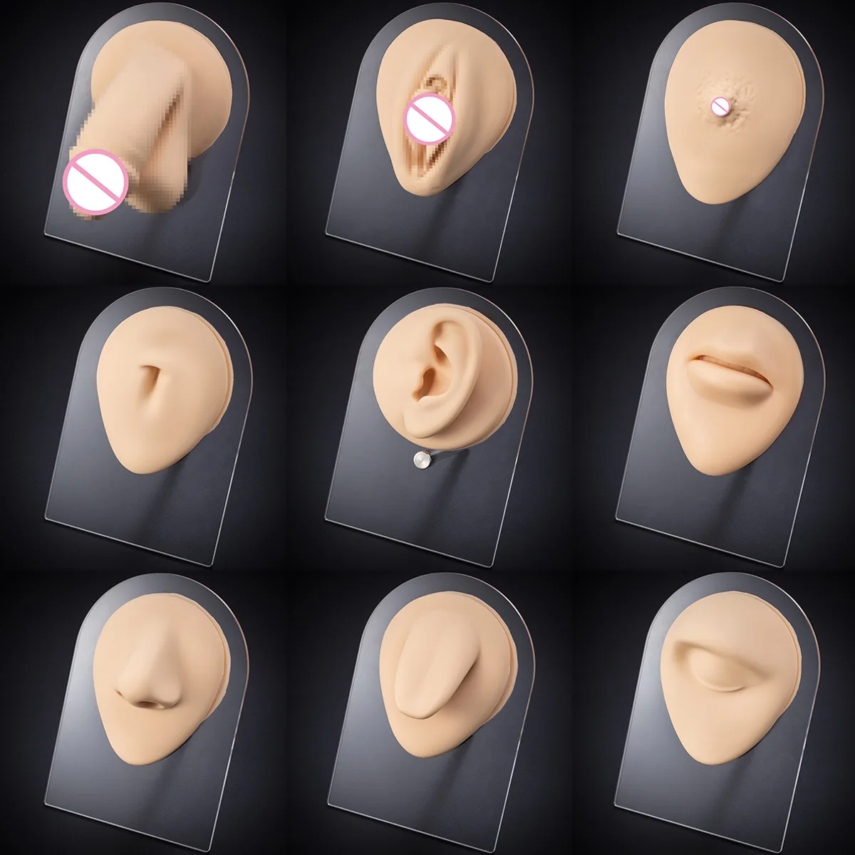 Realistic Tatoo Puncture Practice Body Part Mould With Display Support Artificial Nose Mouth Eyes Ears Navel Piercing Silicone