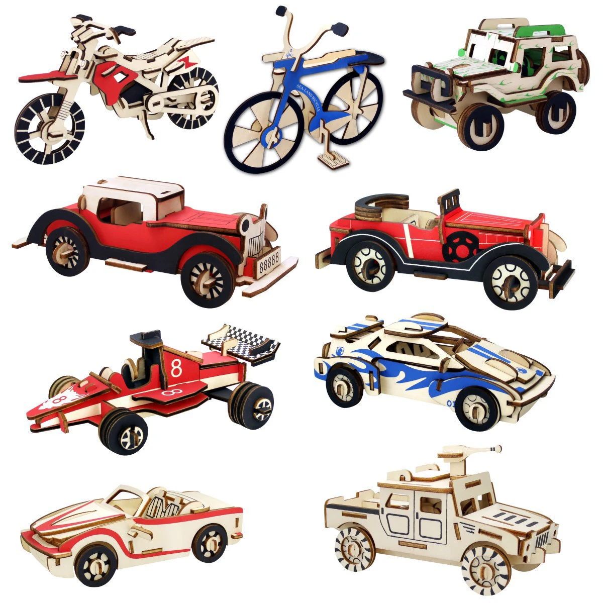 Diy Educational Toys Creative Wooden Car Puzzles Motorcycle Kids