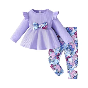 Toddler Baby Girl Clothes Cotton Soft Outfits Set A-Line Top Butterfly-Print Pants Cute Fall Home Outdoor Made China