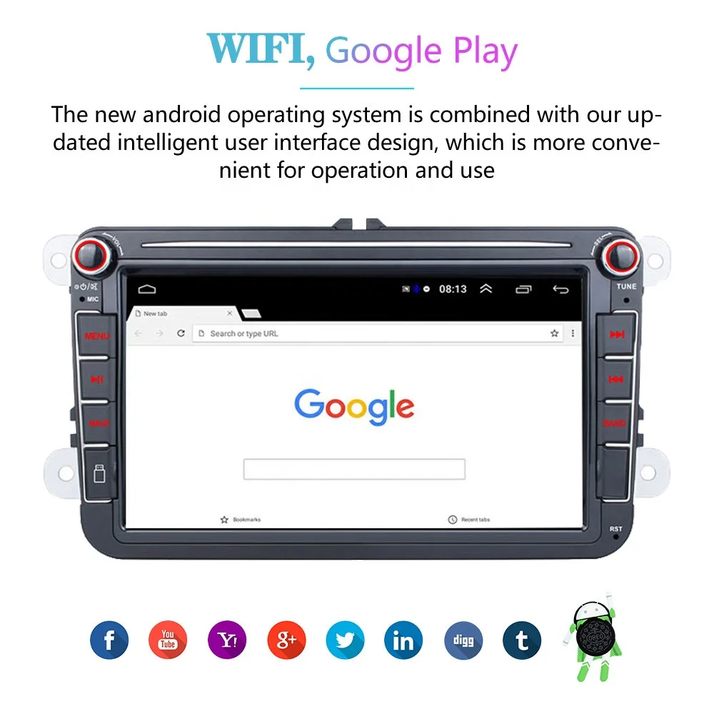 8 Inch Android 9.1 Autoradio 2 Din Car Radio Stereo Gps Wifi Bt Fm for VW PASSAT POLO GOLF 5 6