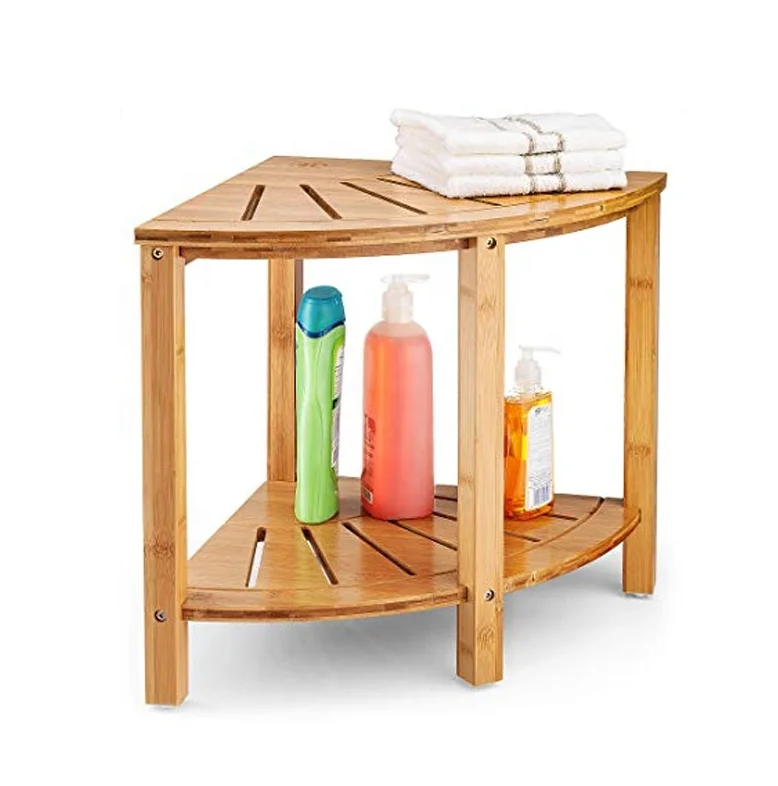 Corner Shower Stool,Bamboo Shower Bench With Storage Shelf,Wooden Spa ...