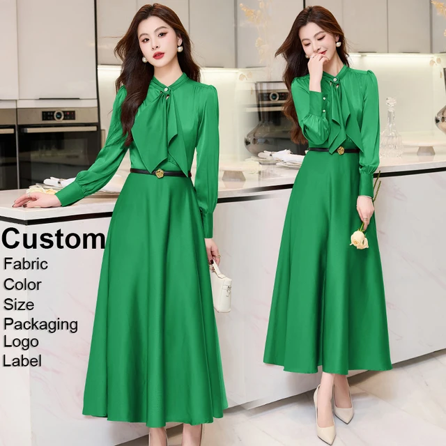 Custom Dresses For Ladies Autumn and Spring New Elegant Green Long Sleeves Round Neck A-line Satin Dress With Belt