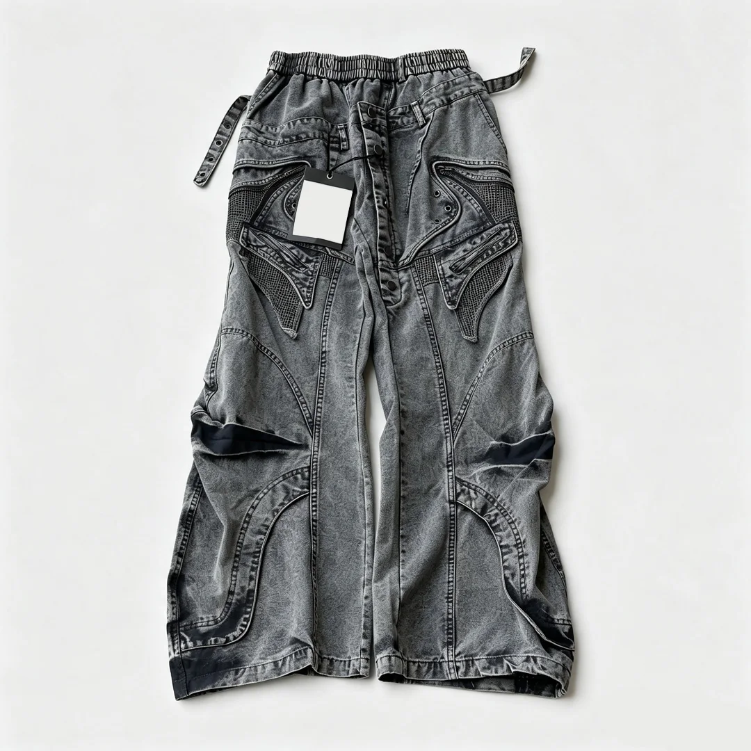 Dostosowane dżinsy wide leg w stylu wasteland, vintage wash, dekonstrukcja, techniczne cargo, 100% bawełna, męskie spodnie dżinsowe z gradientowym efektem tie-dye, luźne