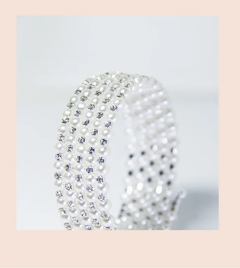 Spring Summer Pearl Woven Bracelet Retro Bling Rhinestone Elastic