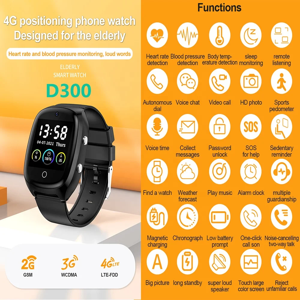 Elderly Smart Watch With GPS Tracker 4G Waterproof Wifi SOS Call 650 Mah Big Battery D300 Smart Watch for Kids Phone
