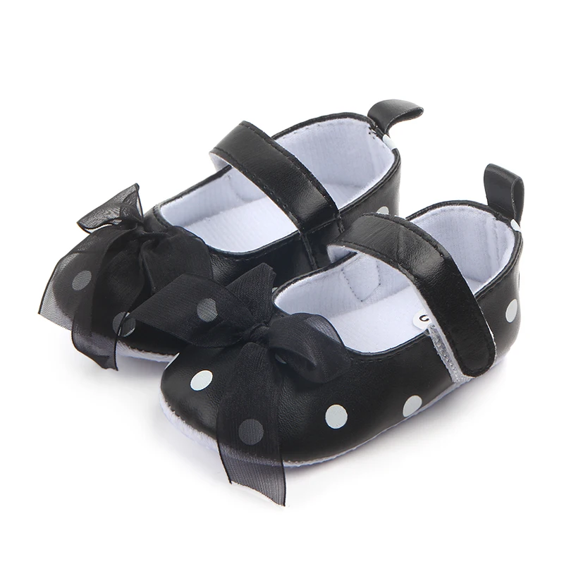 Модный малыша туфли без каблуков для маленьких девочек туфли с закругленным носком, в горошек, с бантом, От 0 до 1 года 1 шт/мешок из полиуретана с открытыми порами 5-7 дней, партия из 5 пар хлопковые ткани на шнуровке CN китайский ПУ