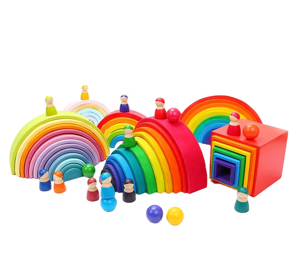 wooden colour stacking blocks rainbow tower toy for kids - buy