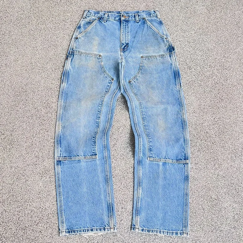 Salati Brand Custom Trouser Distressed Blue Straight Washed Cotton Sun Faded Oversized Double Knee Vintage Denim Pants Men Jeans gallery 2