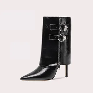 New Design Ladies Boots Midi High Synthetic Leather Ladies Pointed Toe Pencil Heel Punk Boots High Heel Boots for Women Zip