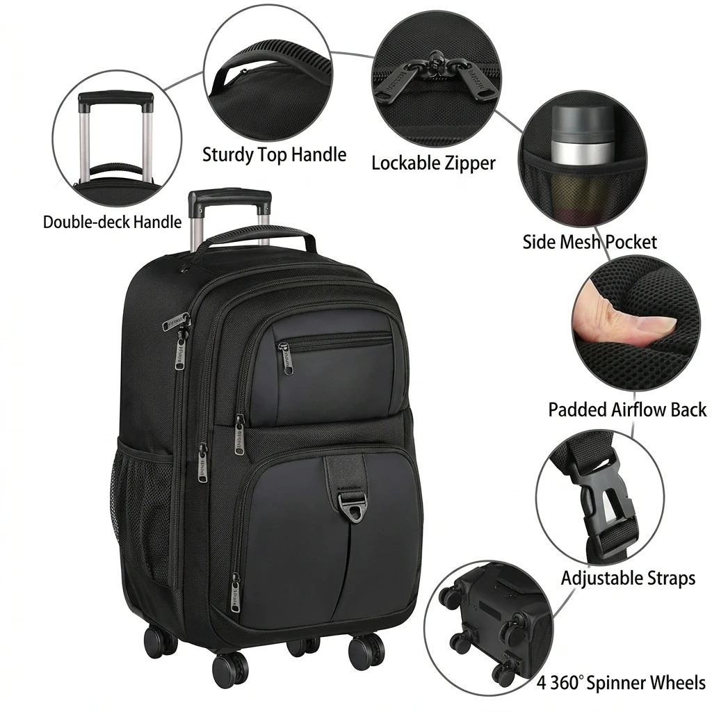 amazon travel rolling backpack BAGSMART for Women, Wheeled Backpack with Packing Cube, Back pack with Wheels, Carry On Suitcase Bag 17 Inch Large Roller Daypack, Champagne J World Sundance 19.5 Rolling Backpack with padded laptop sleeve star cloud 45L Rolling Backpack