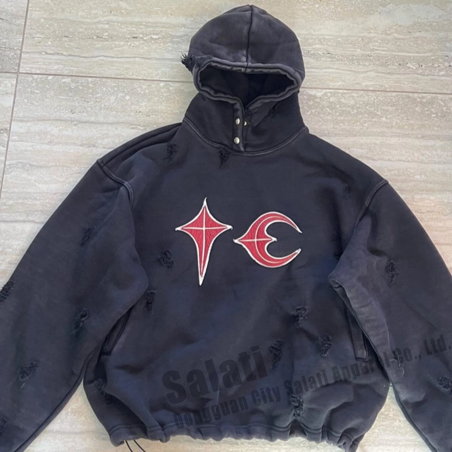 Men's Sun Faded Hoodies Drawstring Hem Ripped Cotton French Terry Screen Printed Disstressed Vintage Acid Wash Hoodies Custom gallery 2