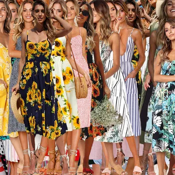 2021 vestidos verano Summer Floral Print Stripe Solid Short Sleeve Ladies Frock Design Beach Slip Women Elegant Casual Dresses