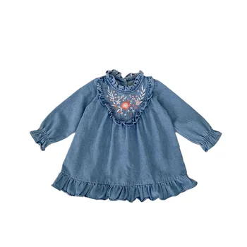 ins 2024 baby dresses girls autumn flower embroidered denim skirt western style versatile girls baby princess dress