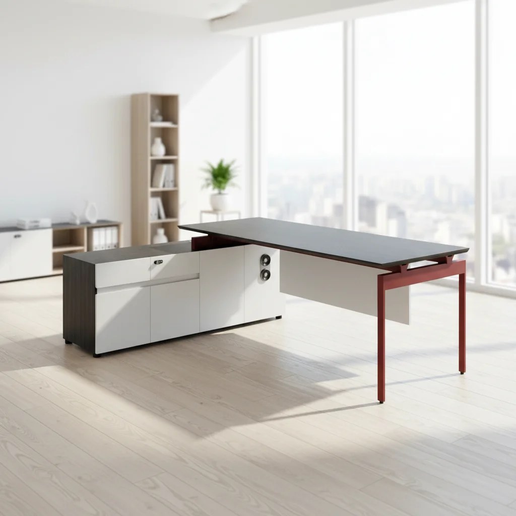 Mid-Level Foldable Office Desk Durable Wood Construction Aluminum Frame Cabinet Storage Space Modern Office Desk 2
