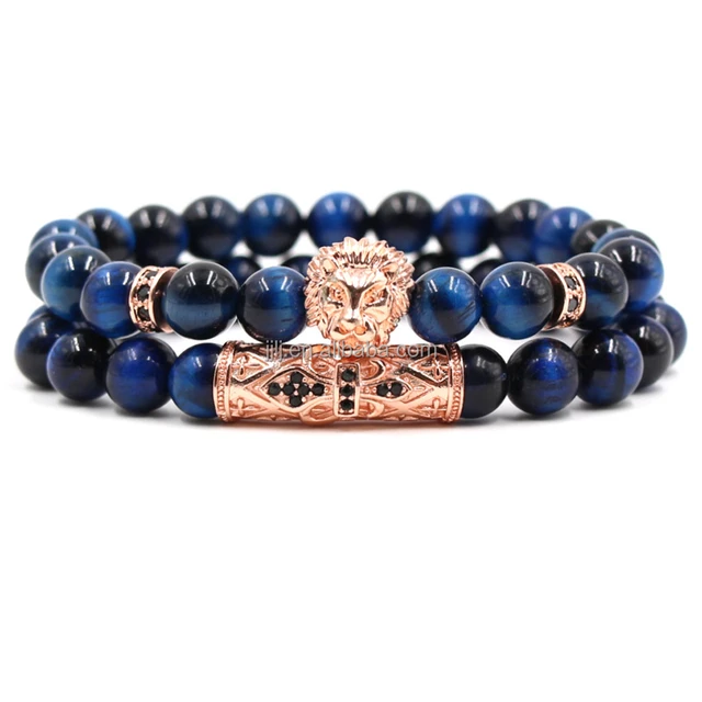 Micro-inlaid zircon elbow lion head, blue tiger's eye set bracelet, crystal treatment bead bracelet