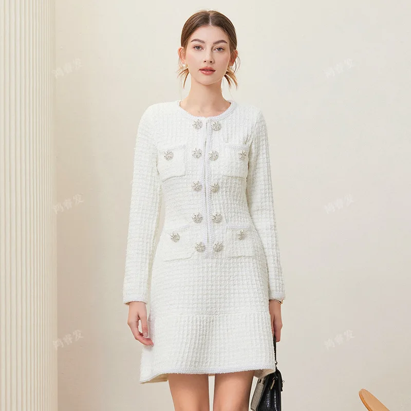 sachin and babi light blue dress 2025 Vintage Style Black Empire Waist Knit Dress for Women Elegant  Long-Sleeved Midi Length Button Decoration for Autumn Winter