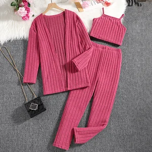 Fall Winter Girls Halter Tank Top Open Front Coat Leggings 3Pcs Knitted Outfits 8-12Years Casual Sets Clothes for Kids