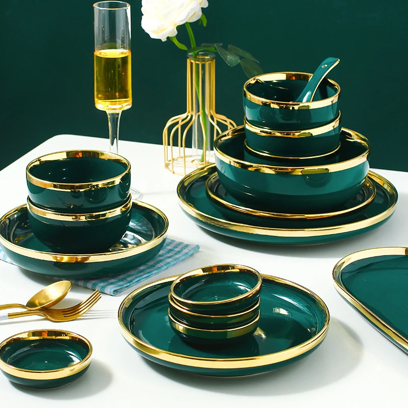 luxe or bordée plats plats mis en céramique vintage paon vert porcelaine  26pcs dîner ensemble vaisselle pour 6 personnes