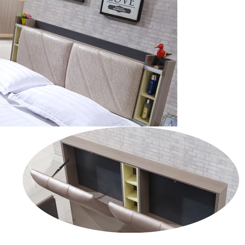 Simple Design PU Leather Headboard Storage Bed Bedside Tables Bedroom Set Wood Home Furniture