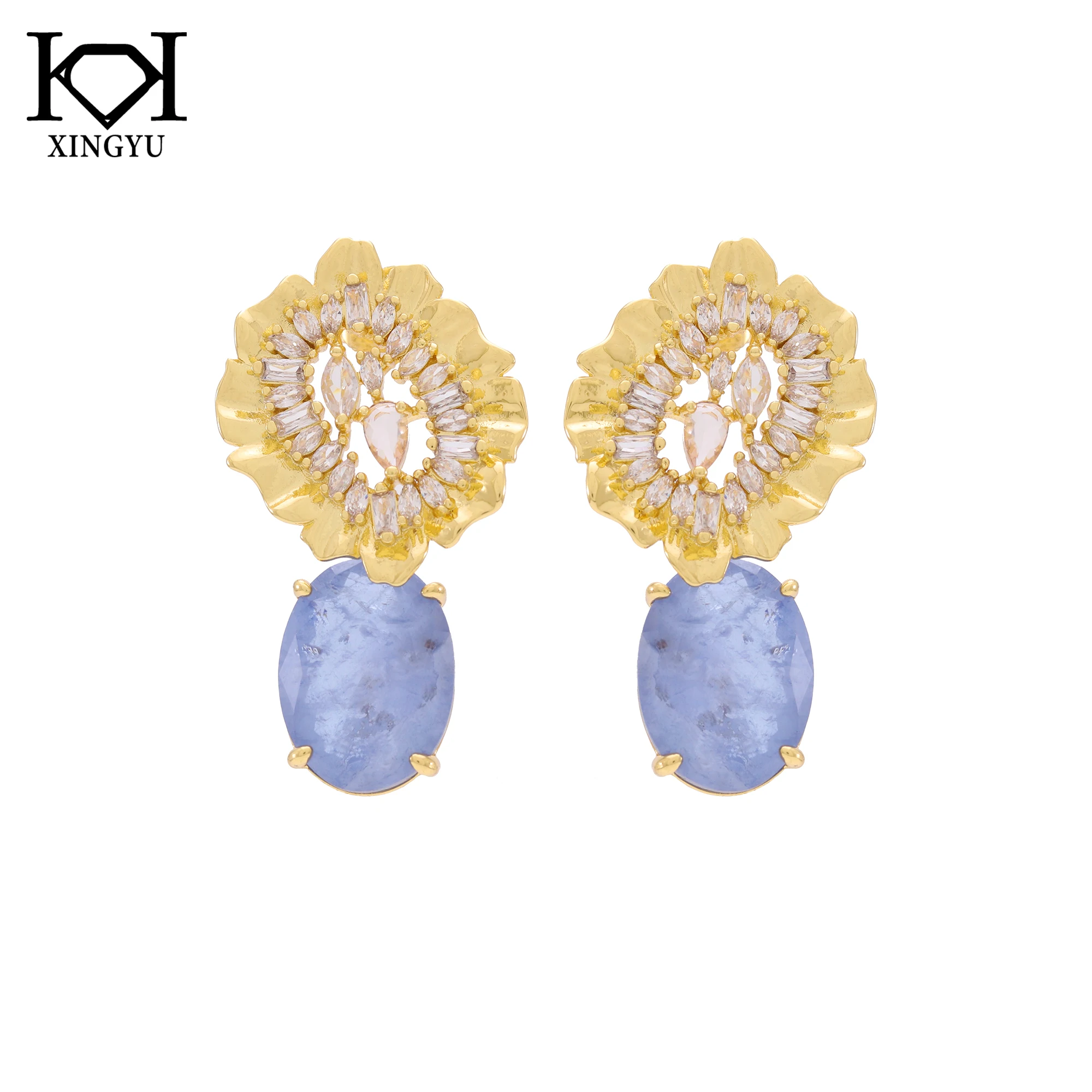 Factory custom brass jewelry blue oval fusion stone drop earrings