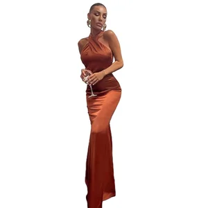 Women's Solid Color Sleeveless Halterneck Slim-fit Sexy Backless Fishtail Maxi Dress Satin Plain Dyed Polyester Spandex Party