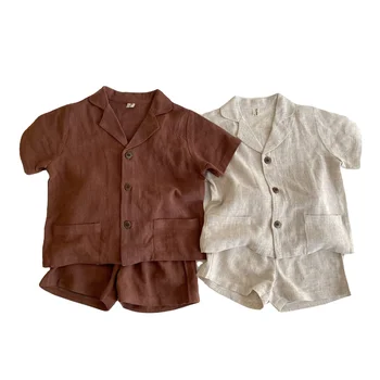 Summer Kids Boys Clothes Set Solid Brown Beige Linen Shirts Shorts Boys Girls Casual Children 2PCS Sets