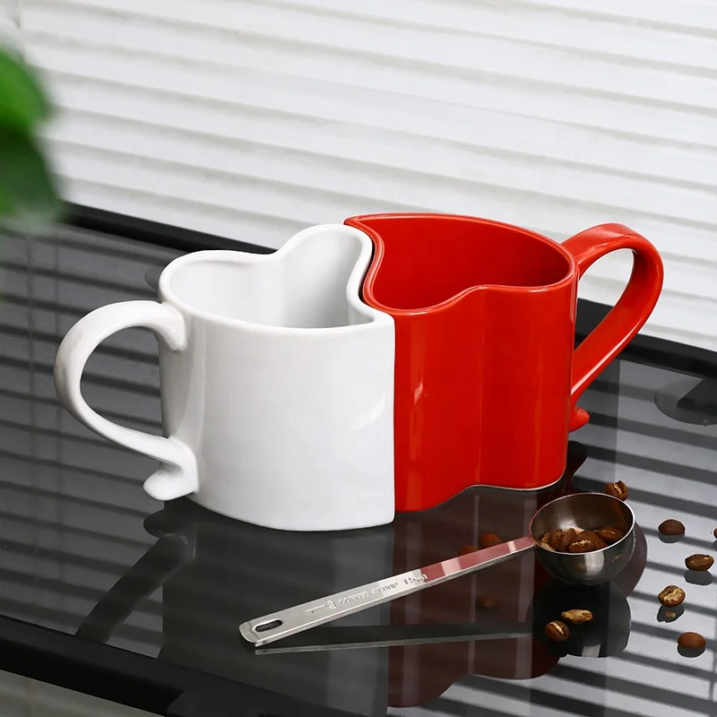 Red Heart Shaped Porcelain Tea Cups & Saucers for Couples on Valentine's Day for Cappuccino & Coffee