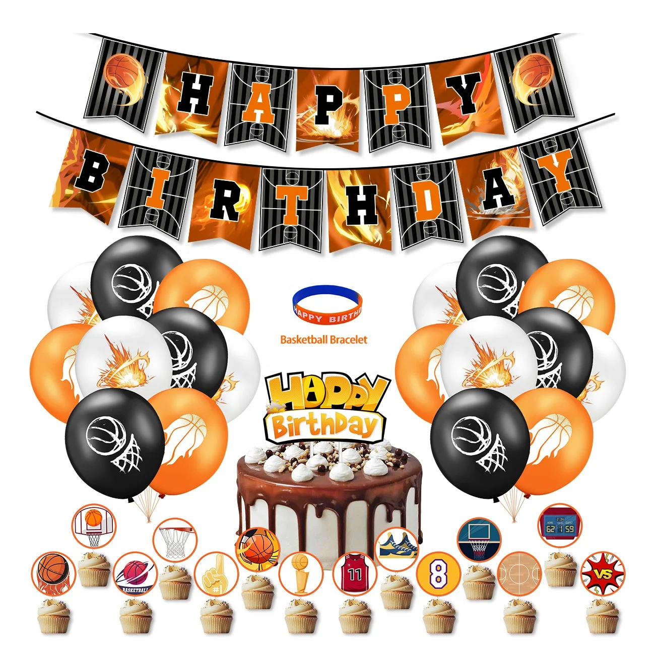 Nice Basketball Birthday Theme Party Decoration Sports Boy Happy Birthday Pull Flag Latex Balloon Set Arrangement Supplies