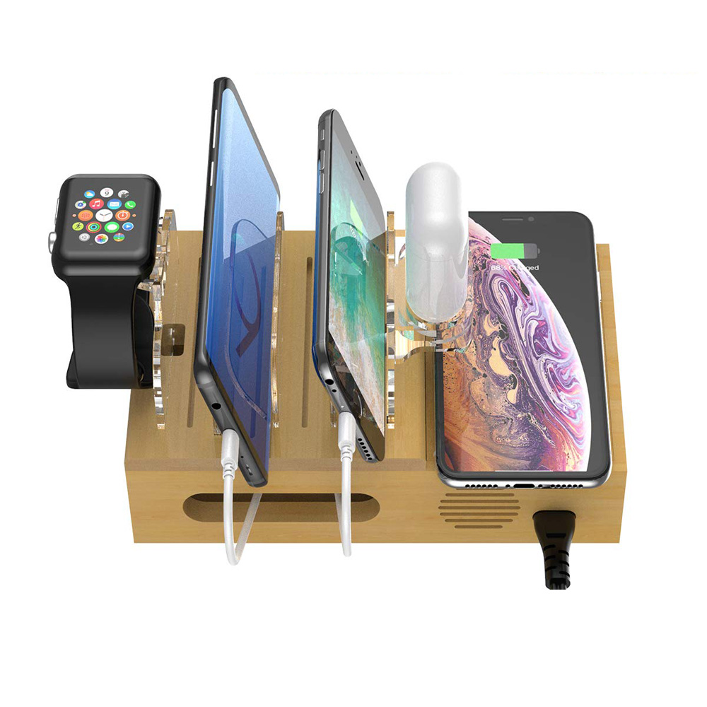 
 Улучшенная настольная Беспроводная зарядная док-станция из бамбука с USB-портом, многофункциональное зарядное устройство для сотового телефона/планшета android/нескольких устройств  