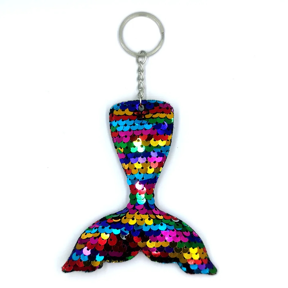 K114 Shiny Reflective Double-sided Fish Scale Sequin Mermaid Tail Keychain Cartoon Animal Fashion Lady Bag Key Ring Jewelry