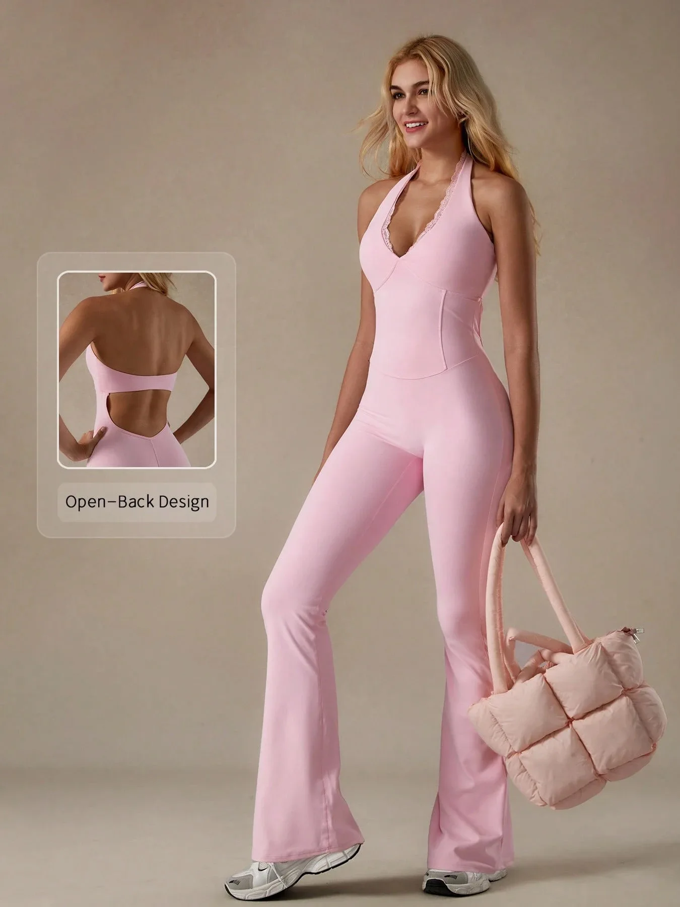 Wholesale Women's Yoga Flare Jumpsuit Chest Pad V-neck Backless Full-Length Lightweight Eco-Friendly Anti-Bacterial Anti-Wrinkle - Image 3