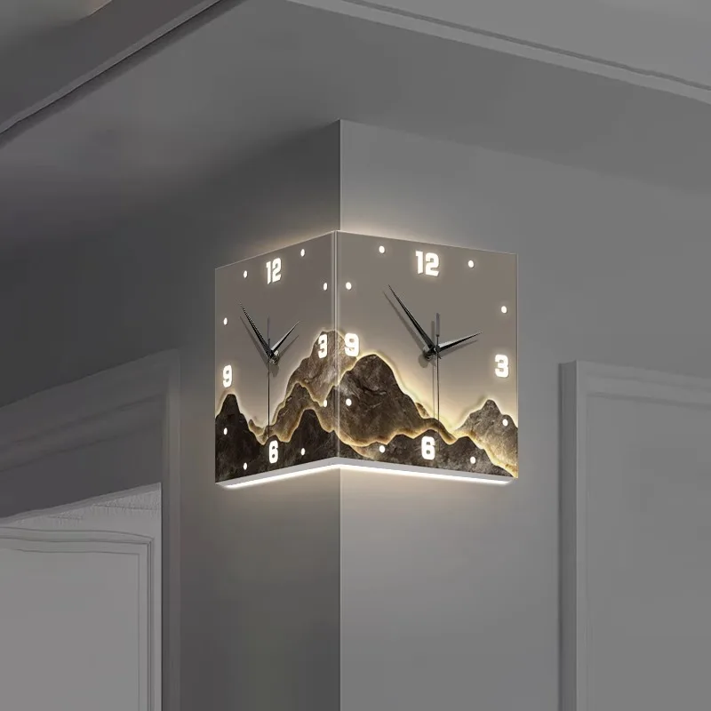 3D Led Light Corner Clock square Living Room Simple Double-sided Clock Iron Digital Hollowed-out Double-sided Hanging Clock