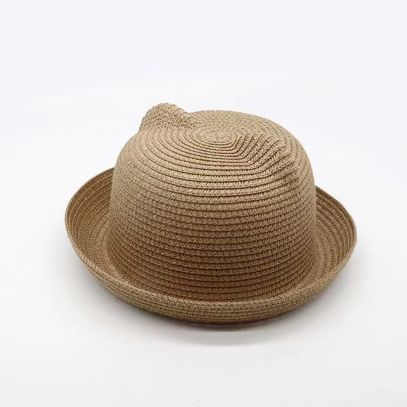 Unisex Cute Cat Ears Paper Straw Boater Hat for Kids Summer Outdoor Fun with Plain Design